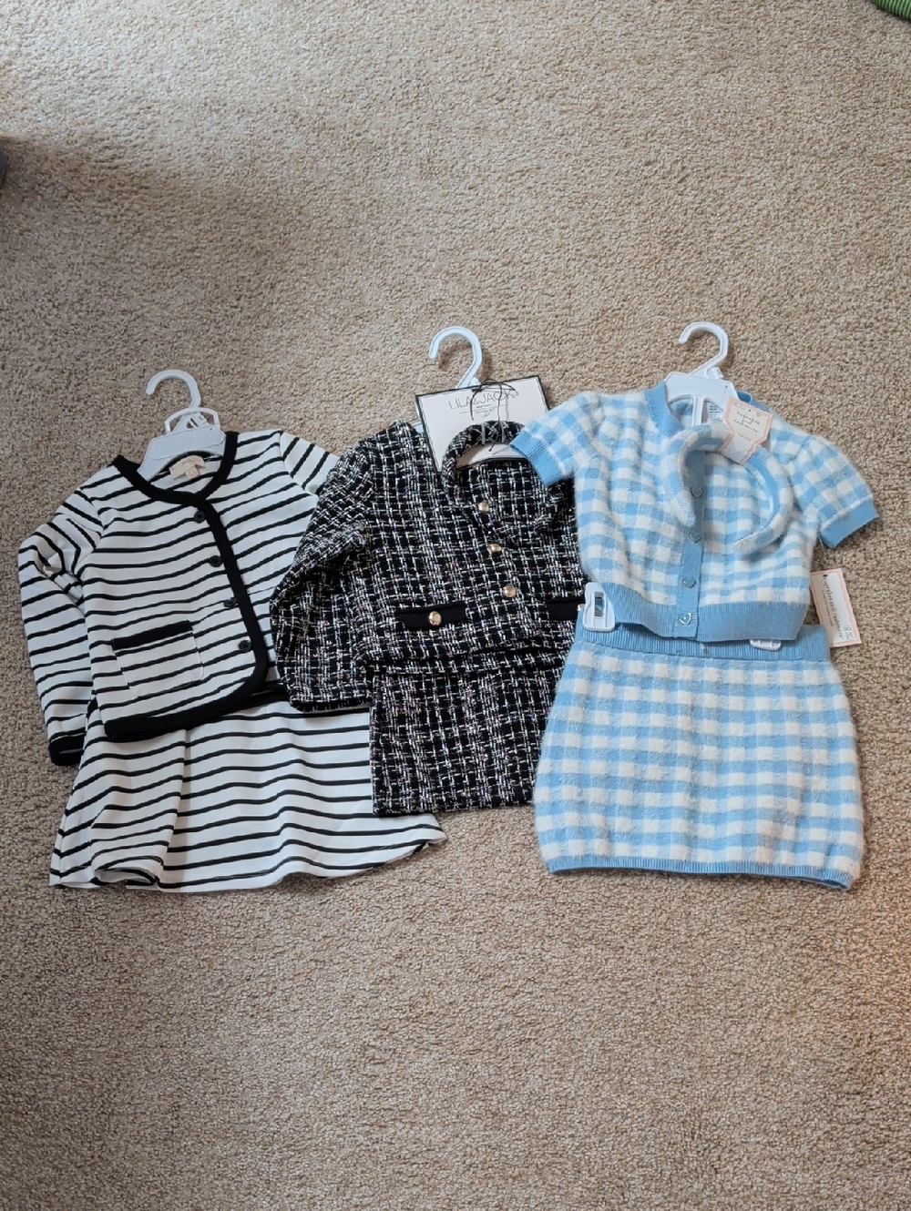 Toddler Striped Black & White Knit Dress, Tweed Jacket, Blue Gingham Knit Set